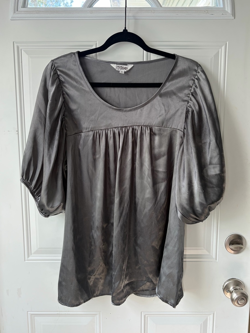 Tramp Gunmetal Satin Puff Sleeve Blouse 💿